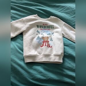 Kids Cream Holiday Bear Sweatshirt with Red Ribbon 3T